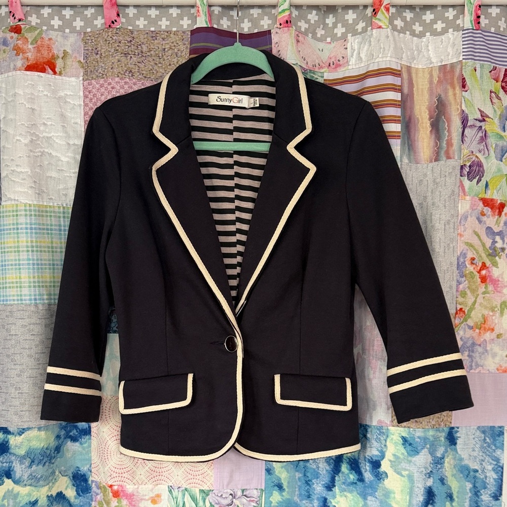 Sunny Girl Navy Blazer with Cream Trim and Striped Lining